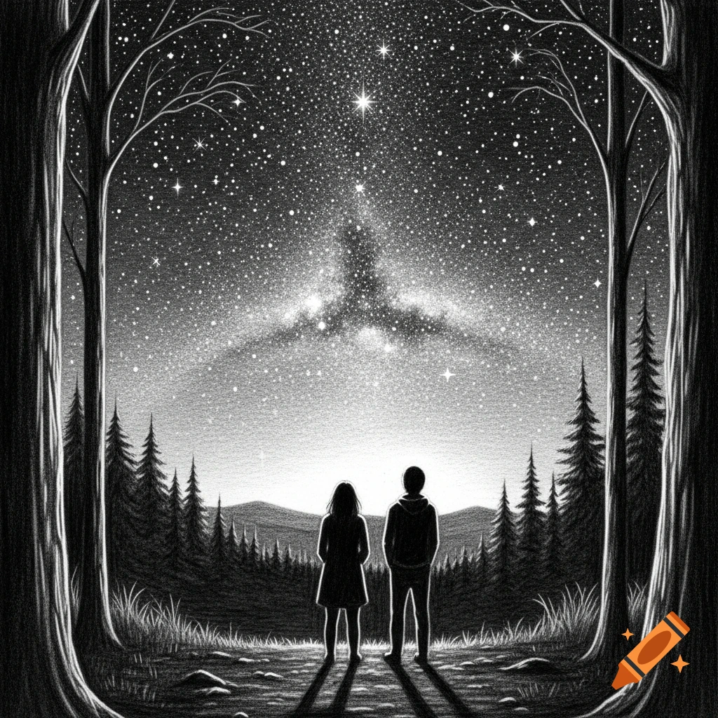 Black and white pencil drawing of two silhouetted figures looking up at a starry night sky in a forest.