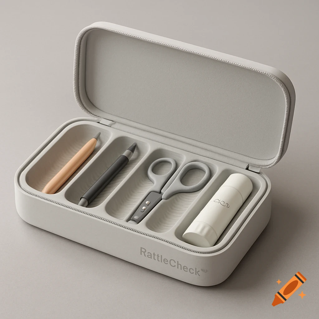An open, light gray RattleCheck pencil case with individual molded compartments holding a beige pencil, black pen, gray scissors, and a white glue stick.
