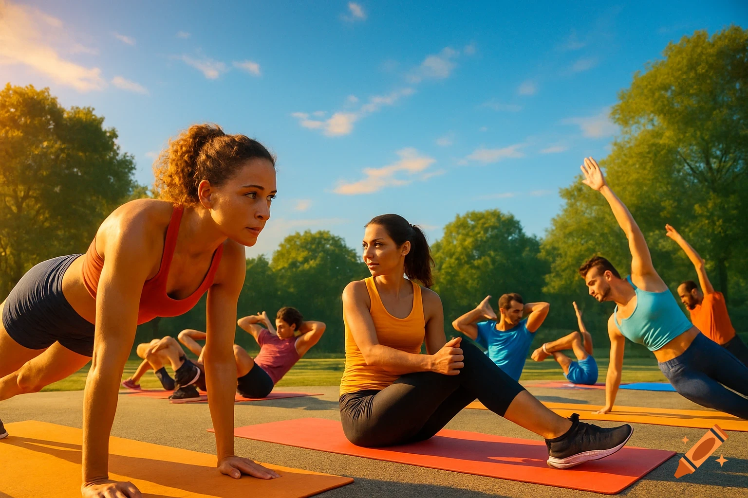 Group of people exercising outdoors in a park on yoga mats, performing various fitness routines under a clear blue sky.