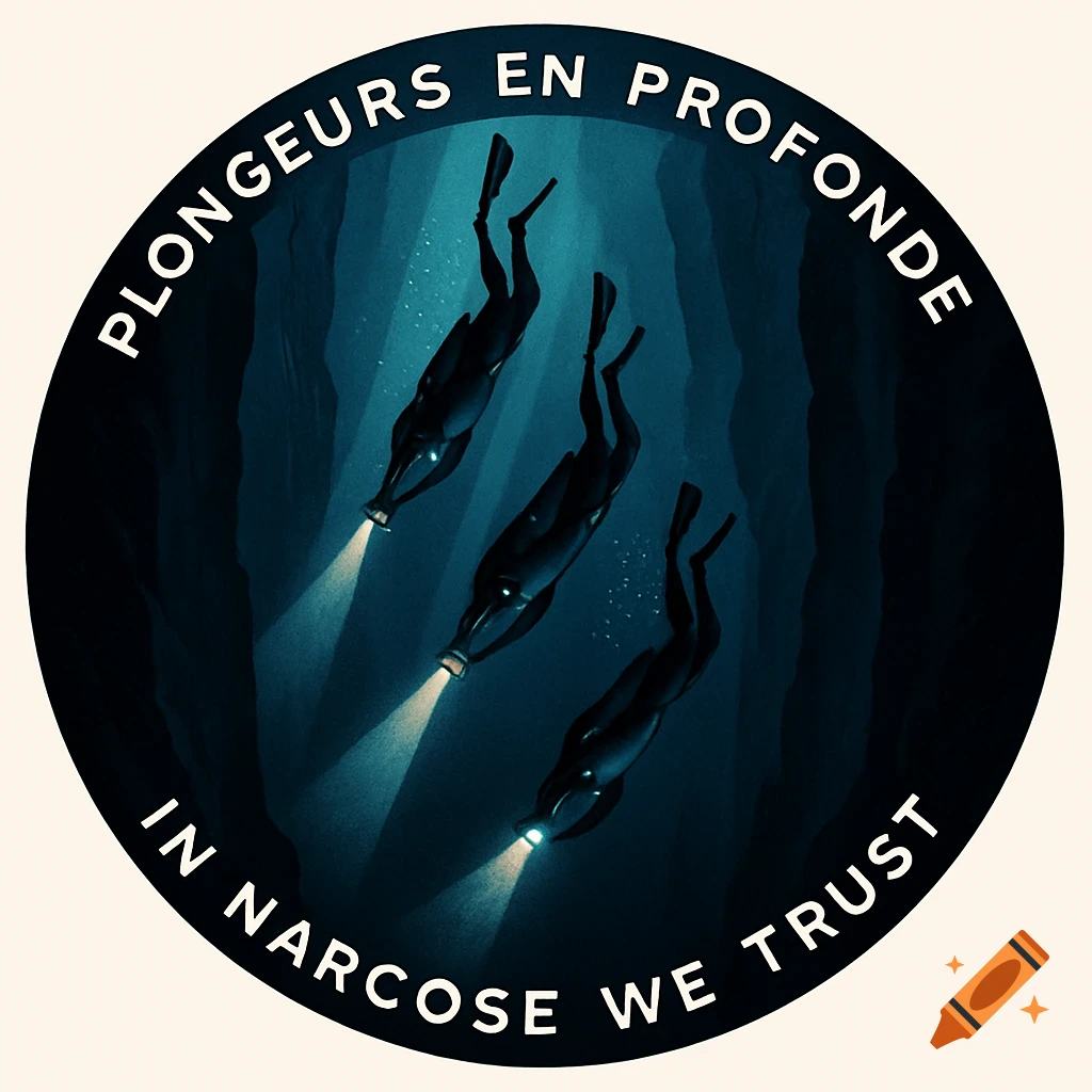 Three stylized divers with flashlights descend into dark deep water in a circular illustration with text border.