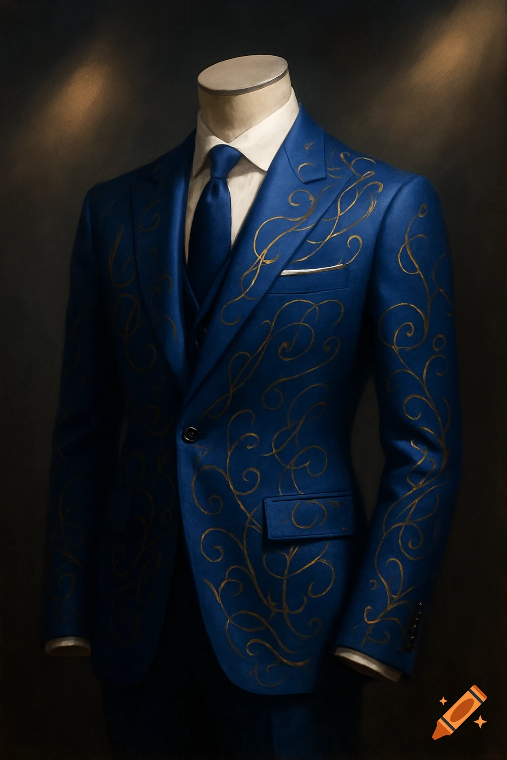 Blue suit with intricate golden scrollwork patterns on a mannequin, set against a dark, dramatic background.