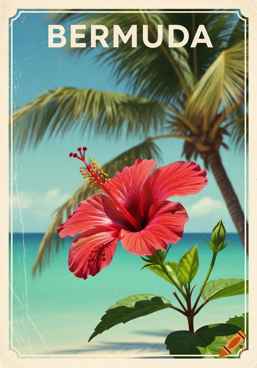 Vintage travel poster for Bermuda featuring a red hibiscus flower, a palm tree, and turquoise ocean.
