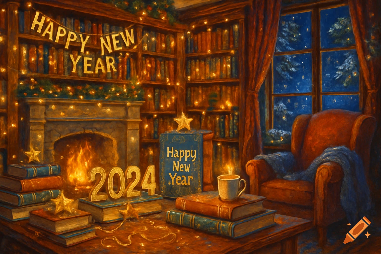 A cozy, warm library decorated for New Year's, featuring bookshelves, a fireplace, a window with snow, an armchair, and books with "HAPPY NEW YEAR" text and "2024" numbers.