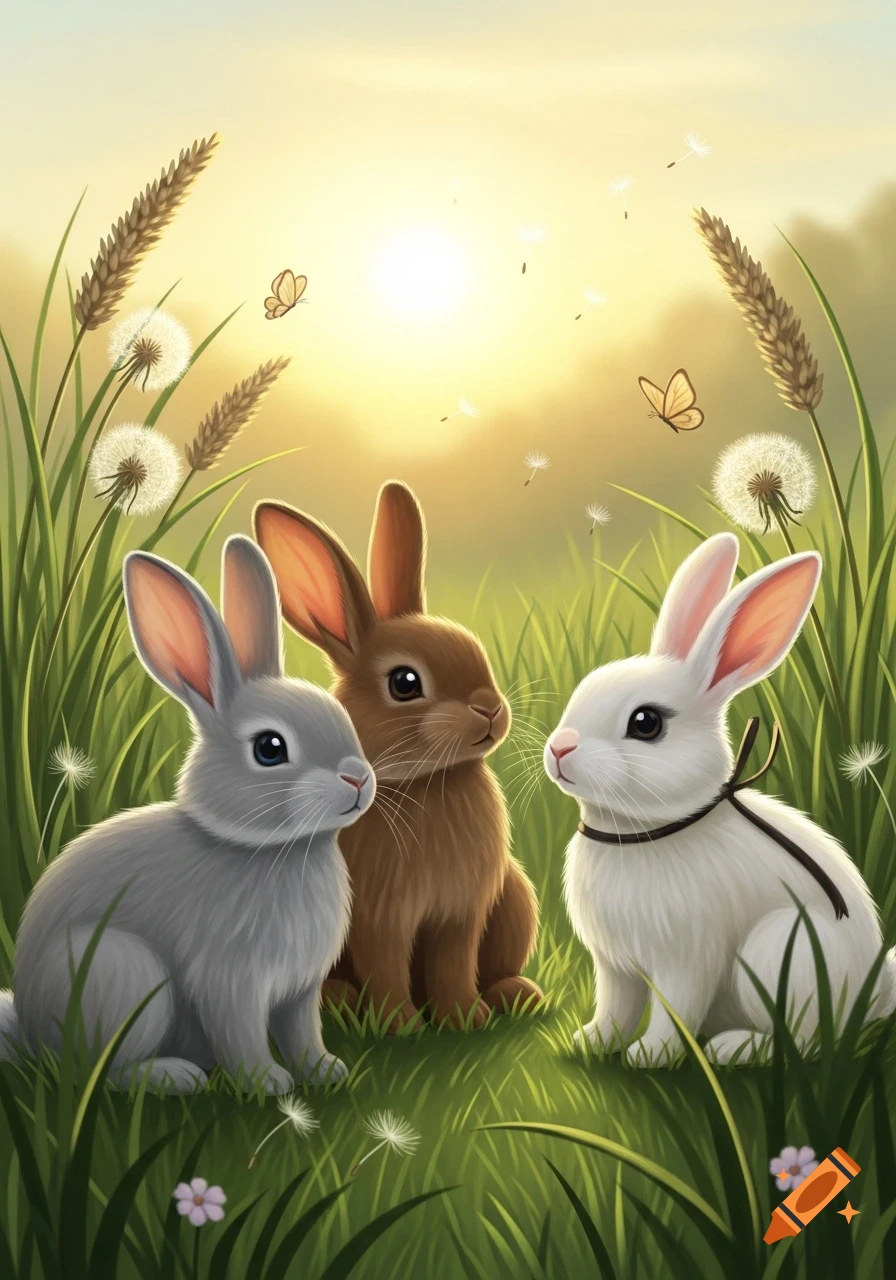 Three cute rabbits, one gray, one brown, one white with a ribbon, sit in a sunny green meadow with dandelions and butterflies.