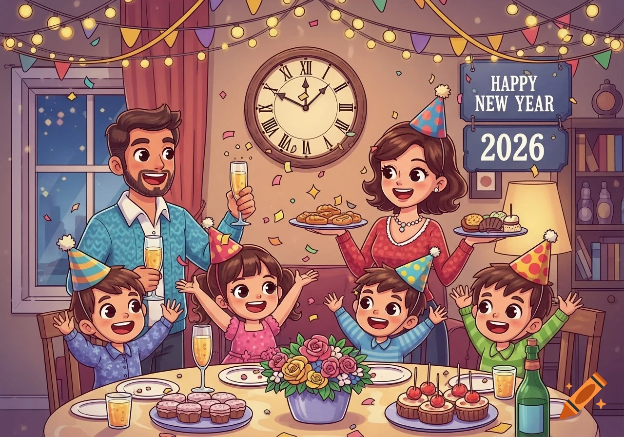 A happy cartoon family with parents and three children celebrates New Year 2026 indoors with confetti, festive decorations, and a midnight clock.