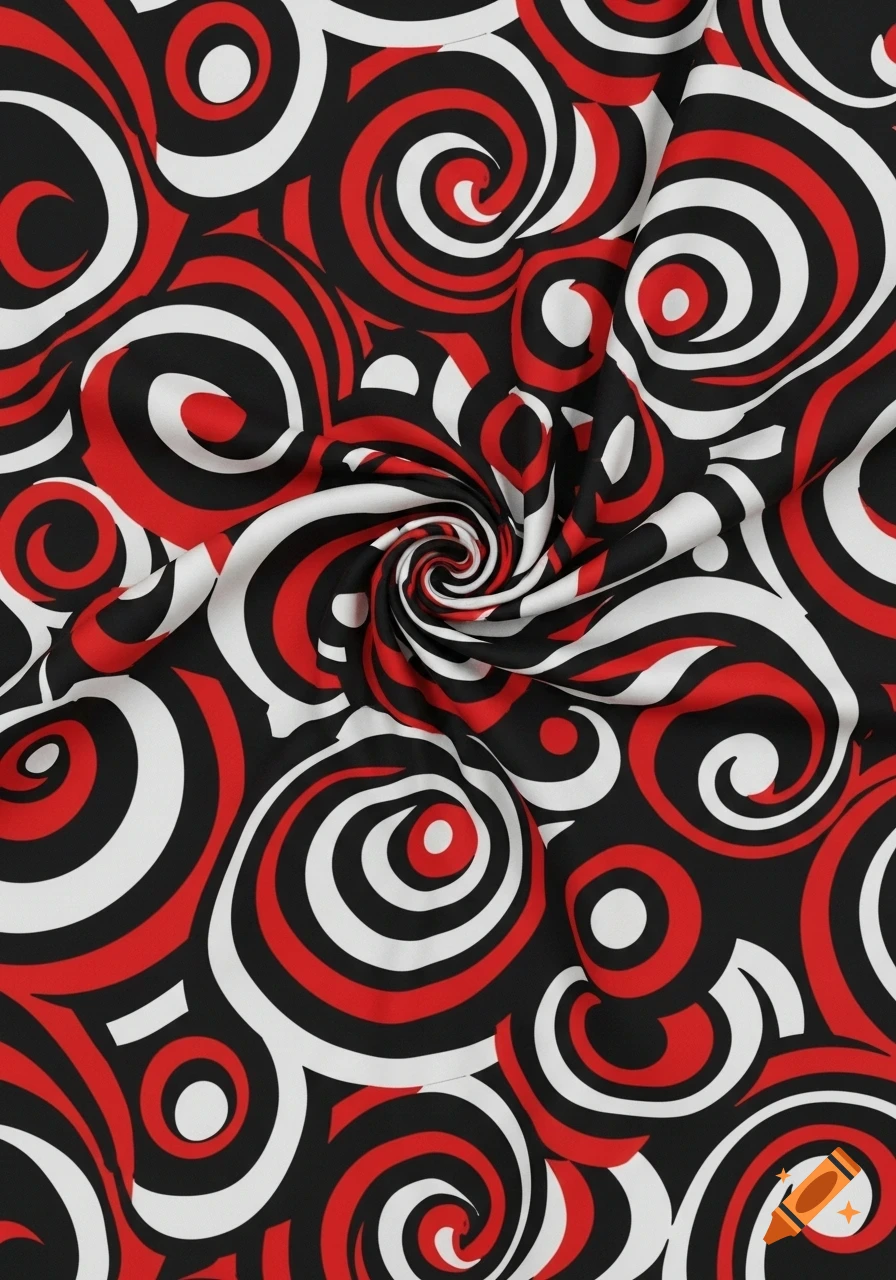 A fabric with a vibrant black, white, and red swirling abstract pattern, resembling a 70s style, with realistic folds.