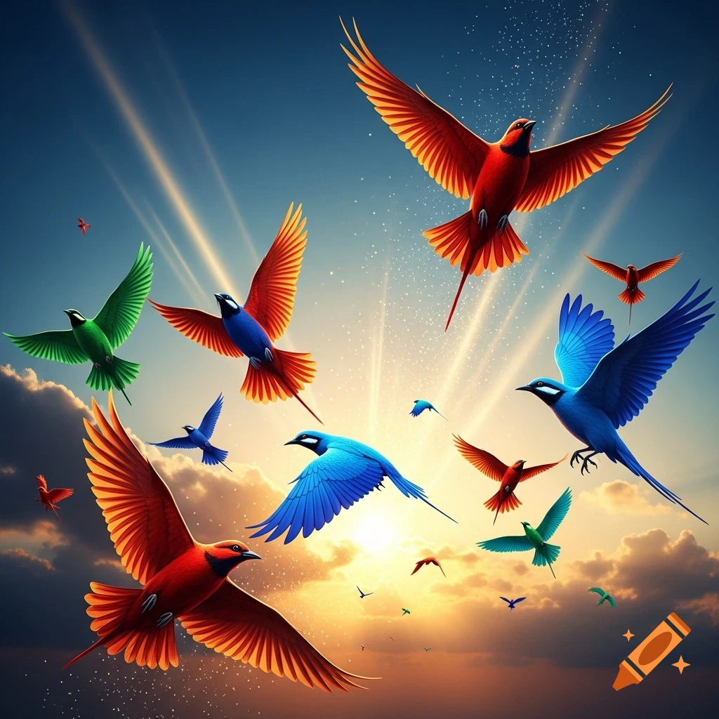A colorful flock of stylized birds with red, blue, and green plumage soars in a radiant sky with sun rays and clouds.