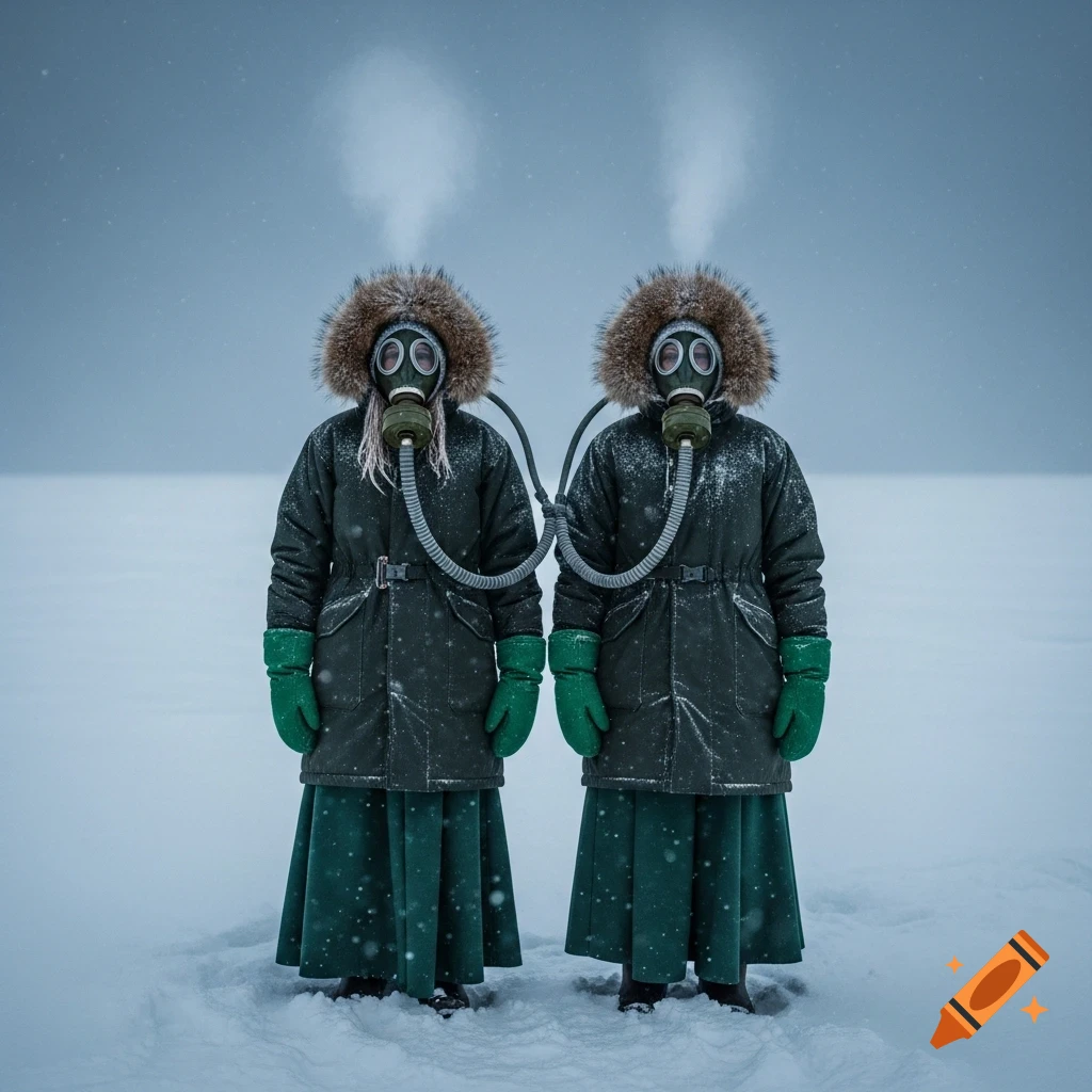 Two figures in dark green parkas with fur hoods, green gloves, and gas masks connected by a hose stand in a snowy, desolate landscape.