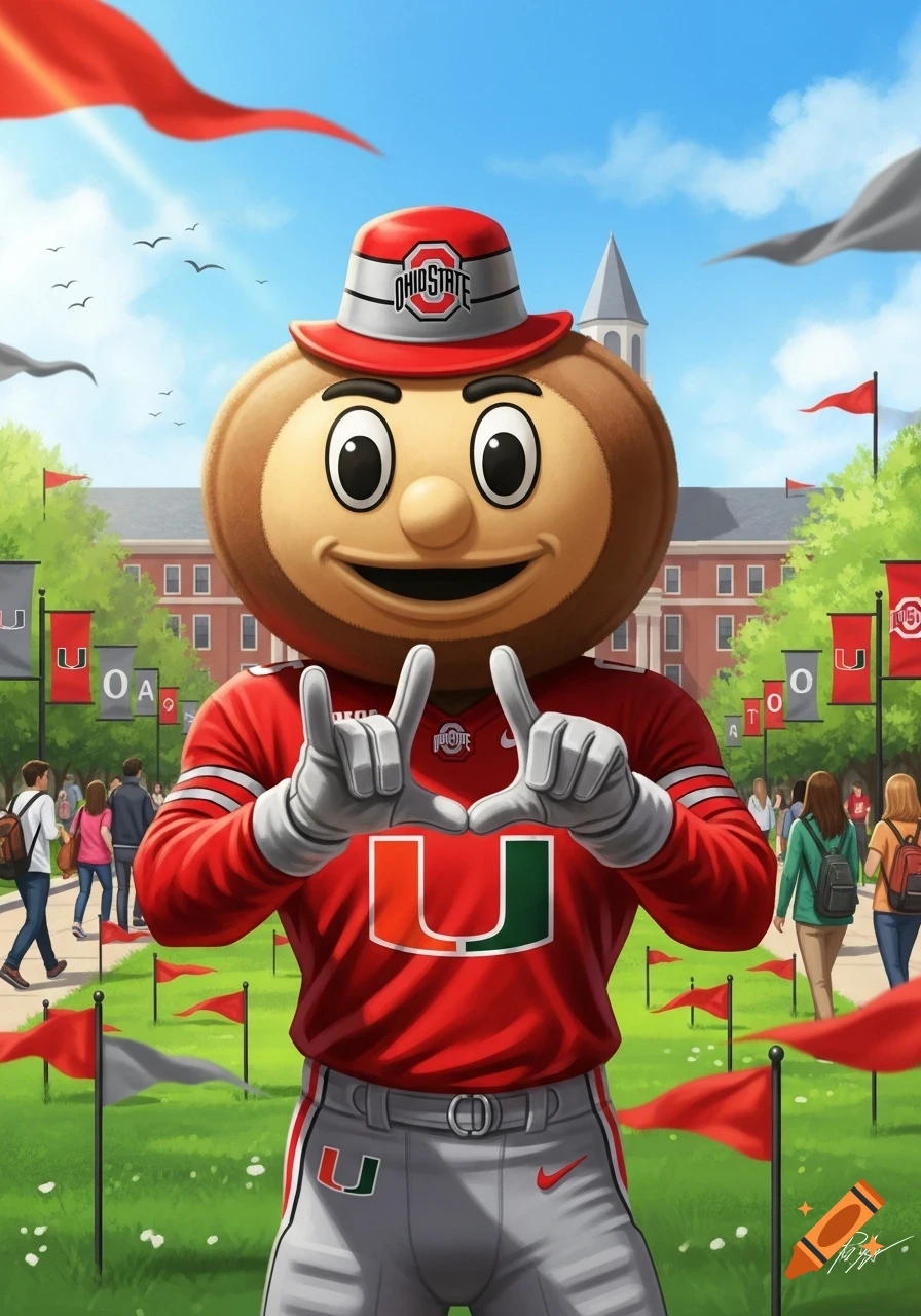 Ohio State mascot Brutus Buckeye making a University of Miami hand sign on a sunny campus with university logos and flags.