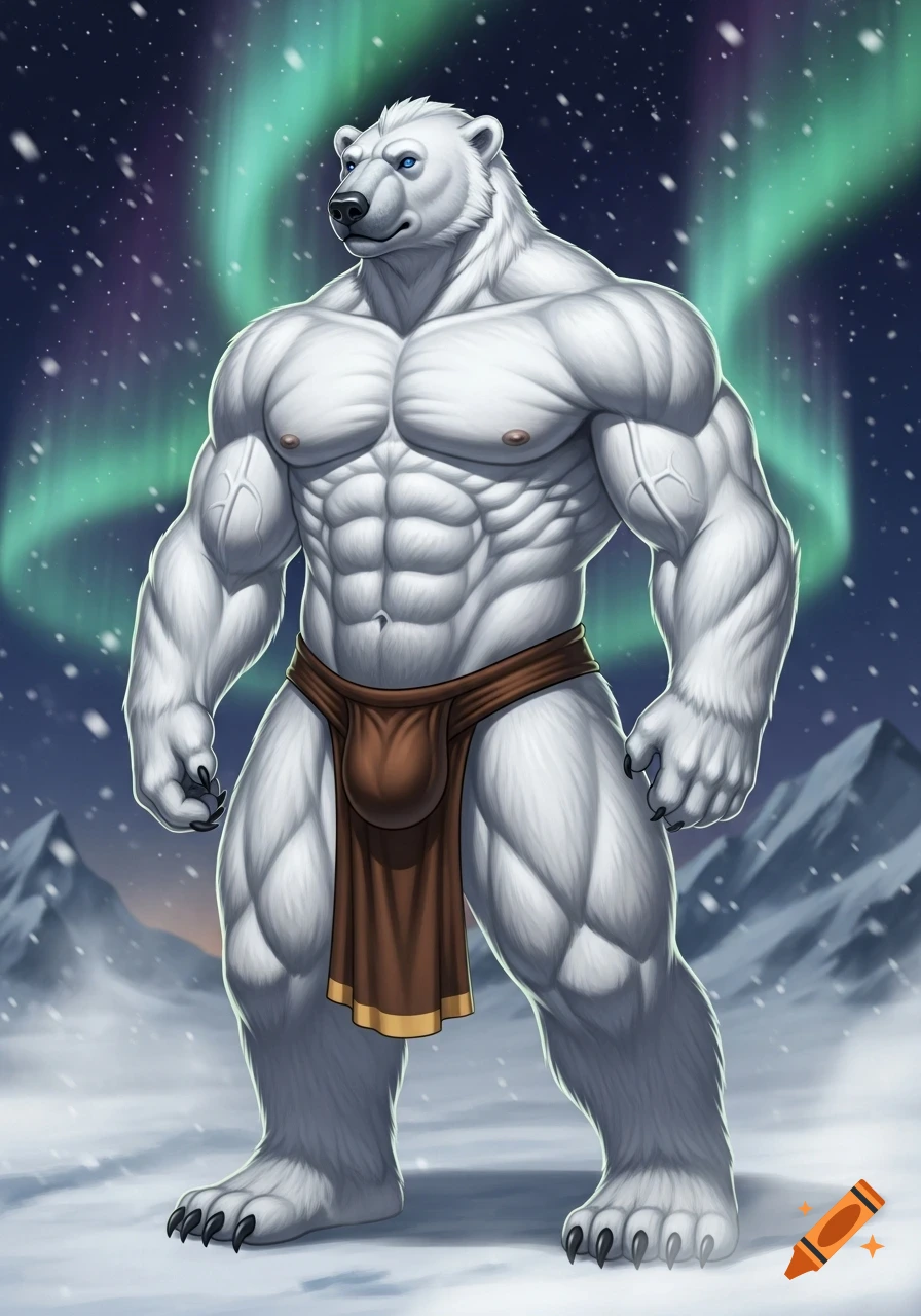 Muscular anthropomorphic polar bear wearing a loincloth stands in a snowy landscape under the aurora borealis.