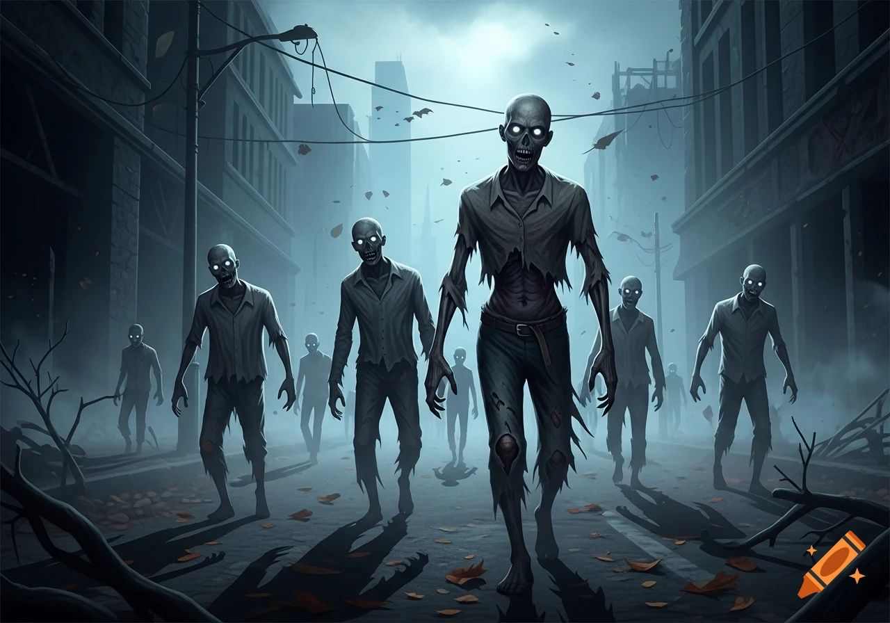 A horde of grotesque zombies with glowing white eyes shambles down a dark, misty city street, with one in the foreground revealing torn clothing and exposed ribs.