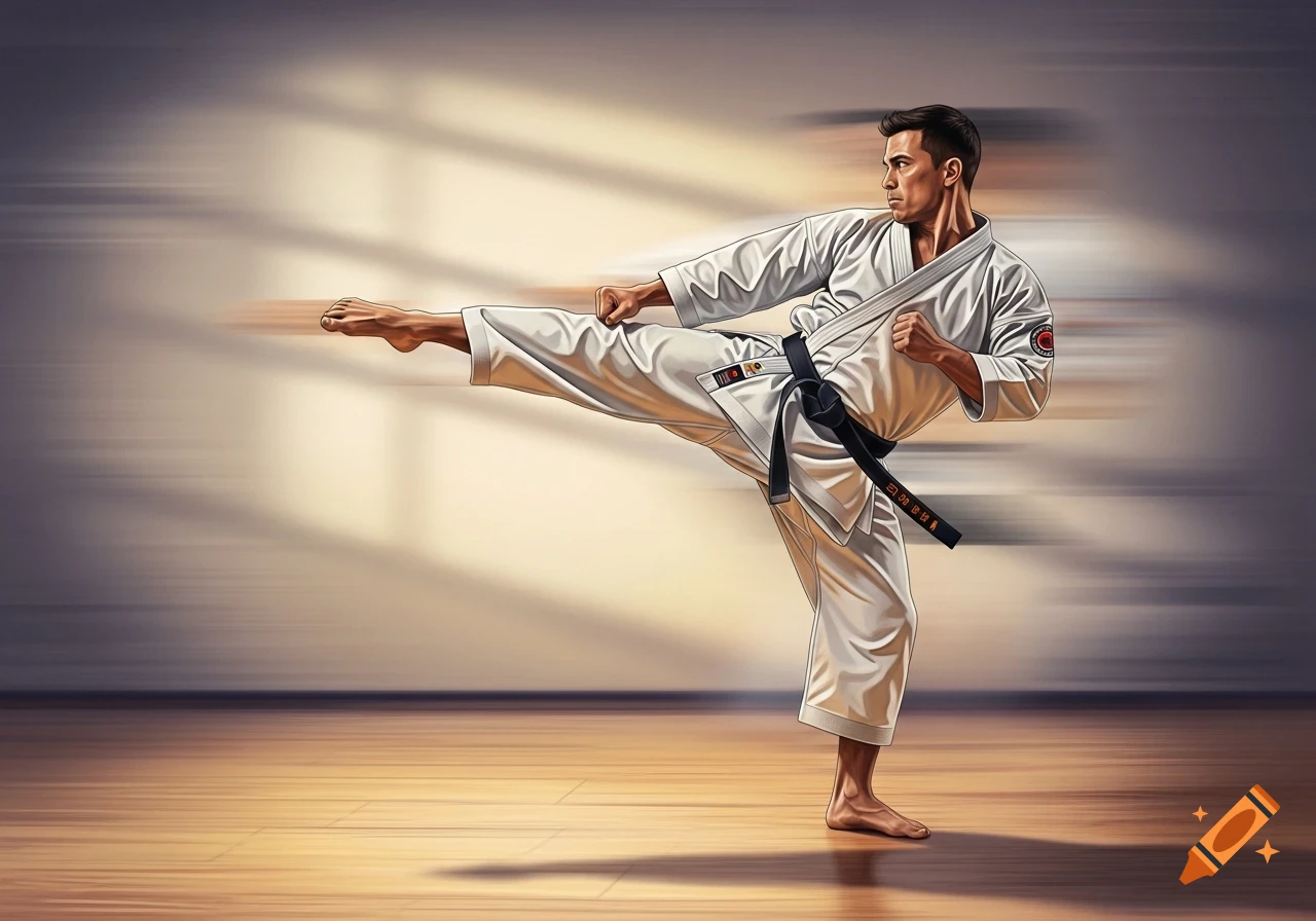 A man in a white karate gi and black belt performs a dynamic side kick, with motion blur in an illustrative style.