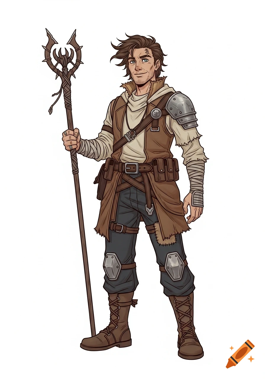 A smiling, brown-haired male D&D character in adventurer gear, holding a spiked staff, rendered in line art style on a white background.