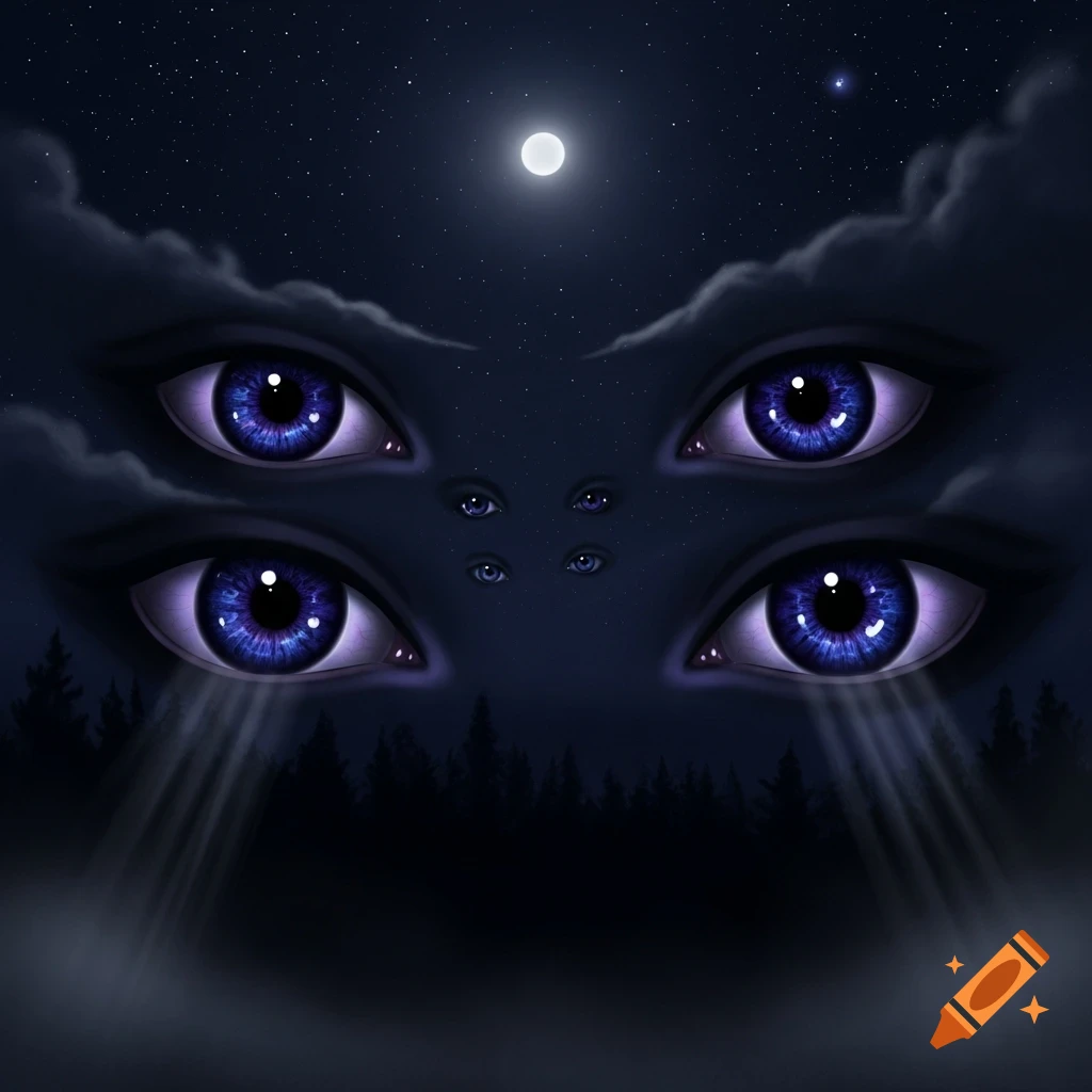 Surreal night landscape with multiple glowing blue eyes in dark clouds, a full moon, stars, and a silhouetted forest.