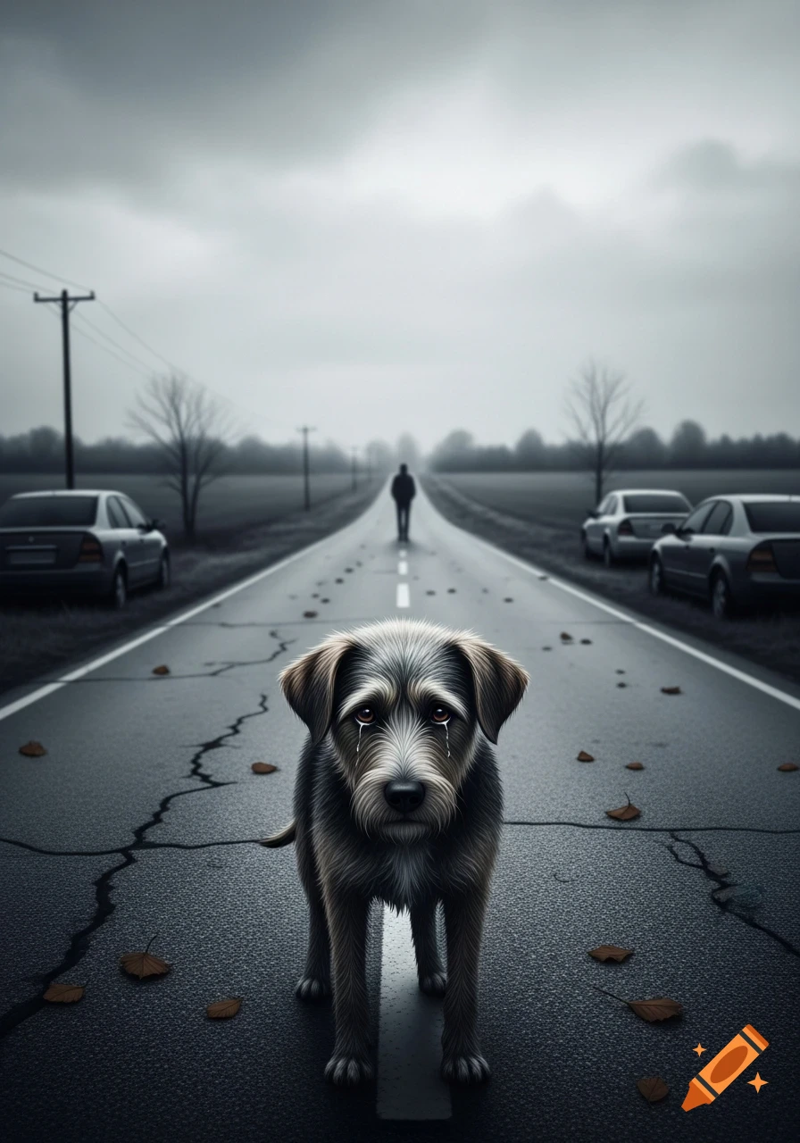 A sad, crying wire-haired dog stands on a cracked road, with a person walking away in the distance under a grey sky. Photorealistic style.