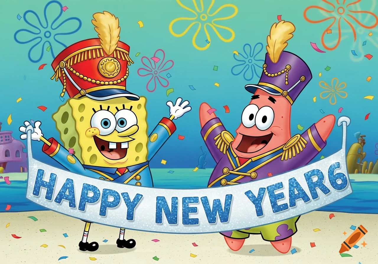 SpongeBob and Patrick in marching band uniforms hold a banner that reads 'HAPPY NEW YEAR 6' amidst confetti.