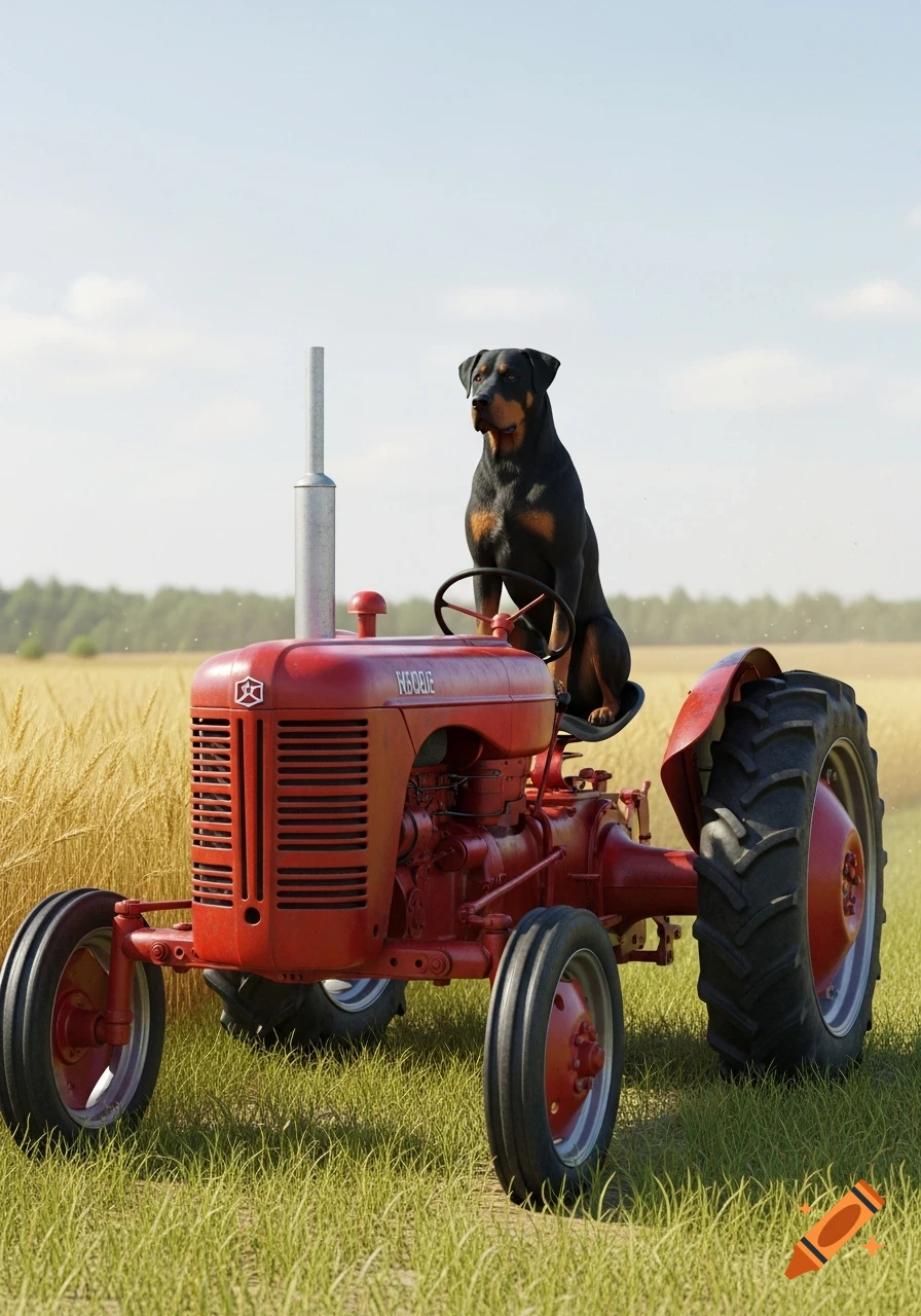 A black and tan Rottweiler dog sits on a red vintage tractor in a golden wheat field under a clear sky.