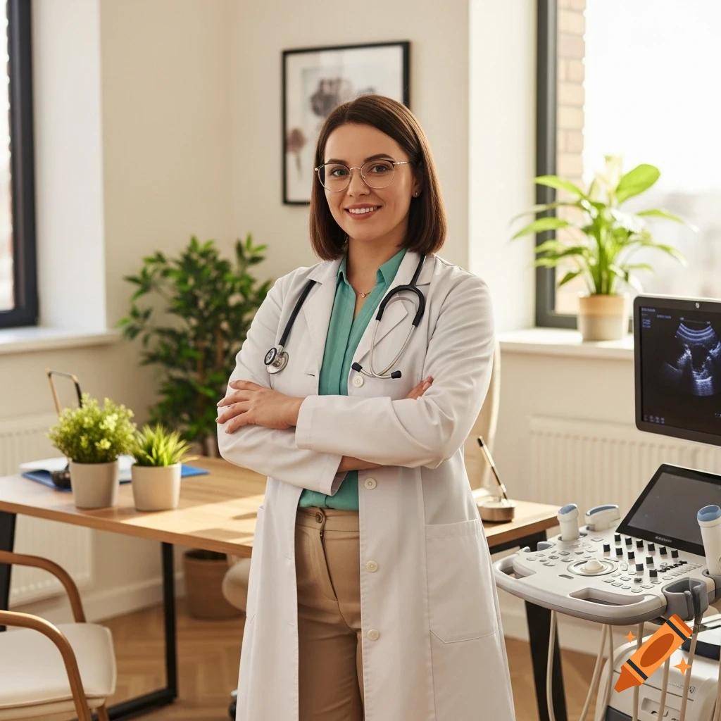 A smiling female doctor in a white lab coat and glasses stands confidently in a modern medical office with an ultrasound machine.