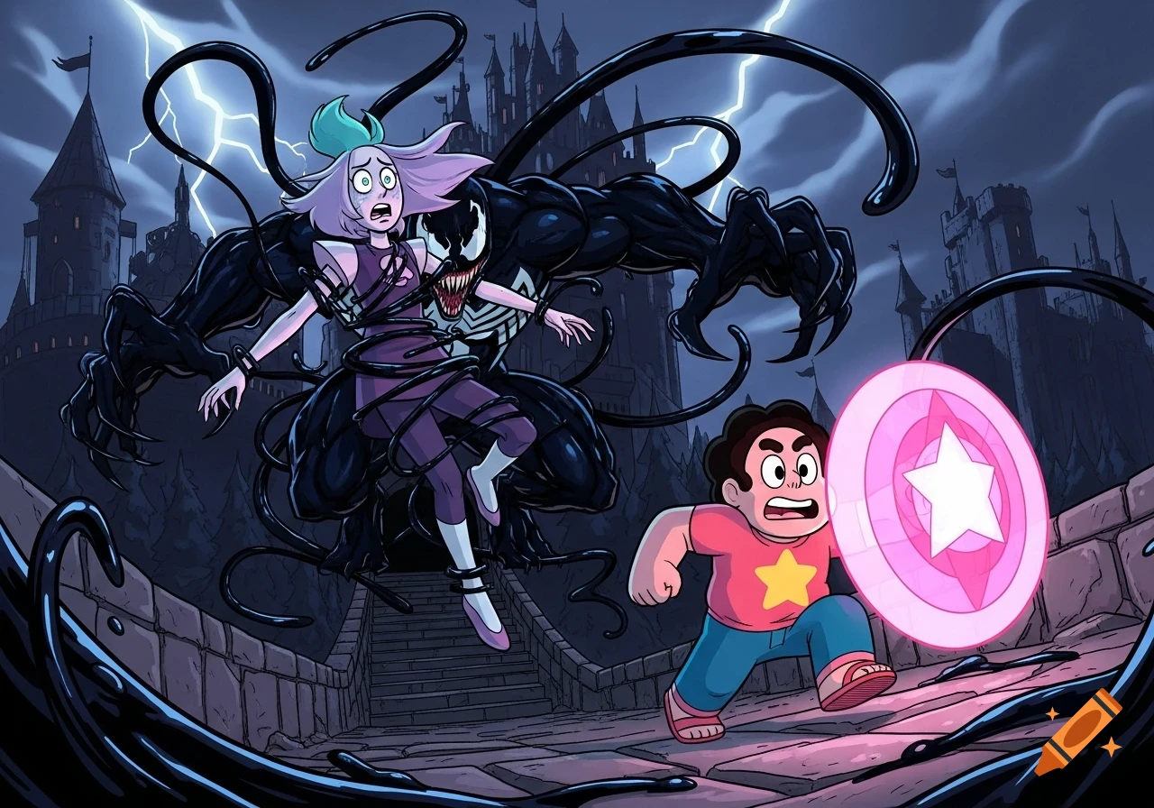 Steven Universe runs with his shield to save Amity Blight, who is entangled in Venom's tendrils outside a dark castle in a cartoon style.