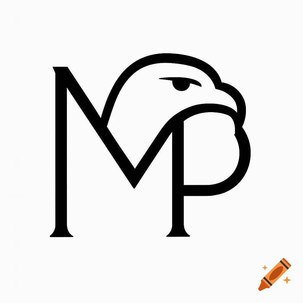 A black and white ultra-minimal monogram logo combining the letters M and P to form an eagle's head.