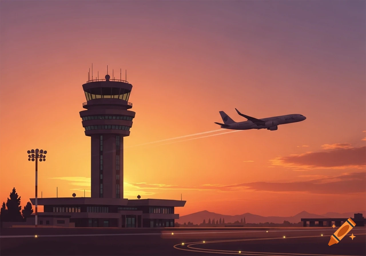 An illustrated airport control tower and a plane taking off at sunset with an orange and purple sky.