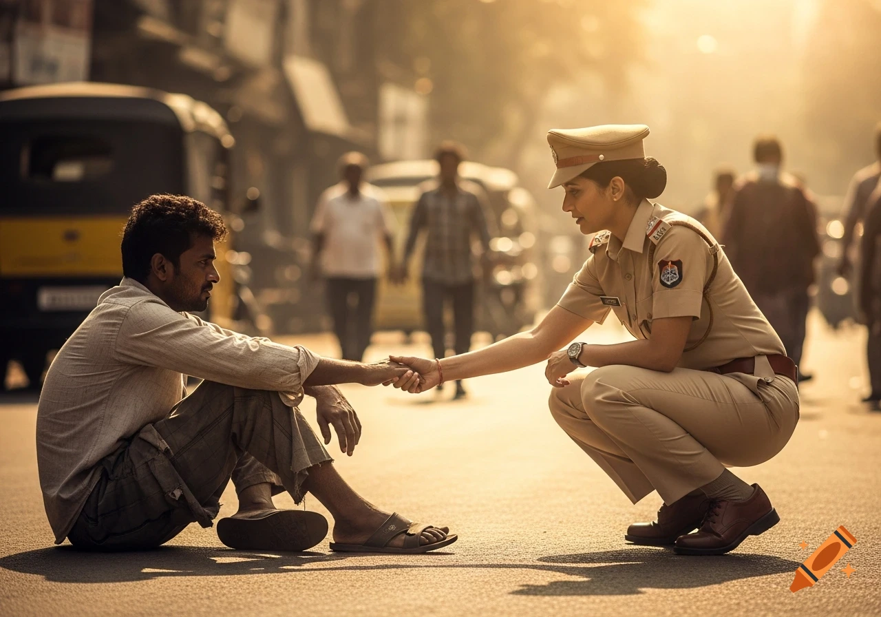 A female police officer in uniform crouches on a sunlit street, gently shaking hands with a man in torn clothes sitting on the ground. Auto-rickshaws and people are blurred in the background, creating a cinematic, emotional scene.