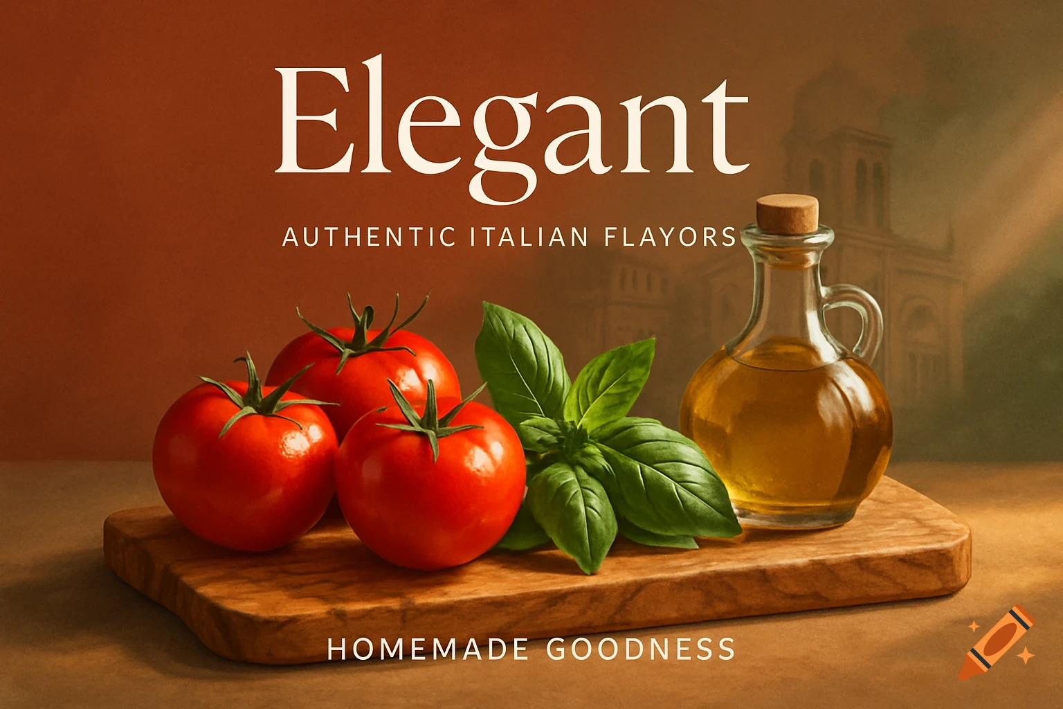 Text "Elegant" above fresh tomatoes, basil, and olive oil on a cutting board, with a blurred Italian building in the background. Text reads "AUTHENTIC ITALIAN FLAVORS" and "HOMEMADE GOODNESS".