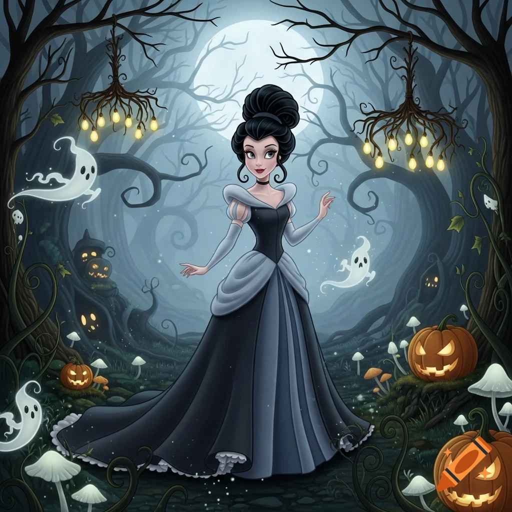 A stylized woman in a black and grey gown stands in a spooky forest with ghosts, jack-o'-lanterns, and glowing trees under a full moon.
