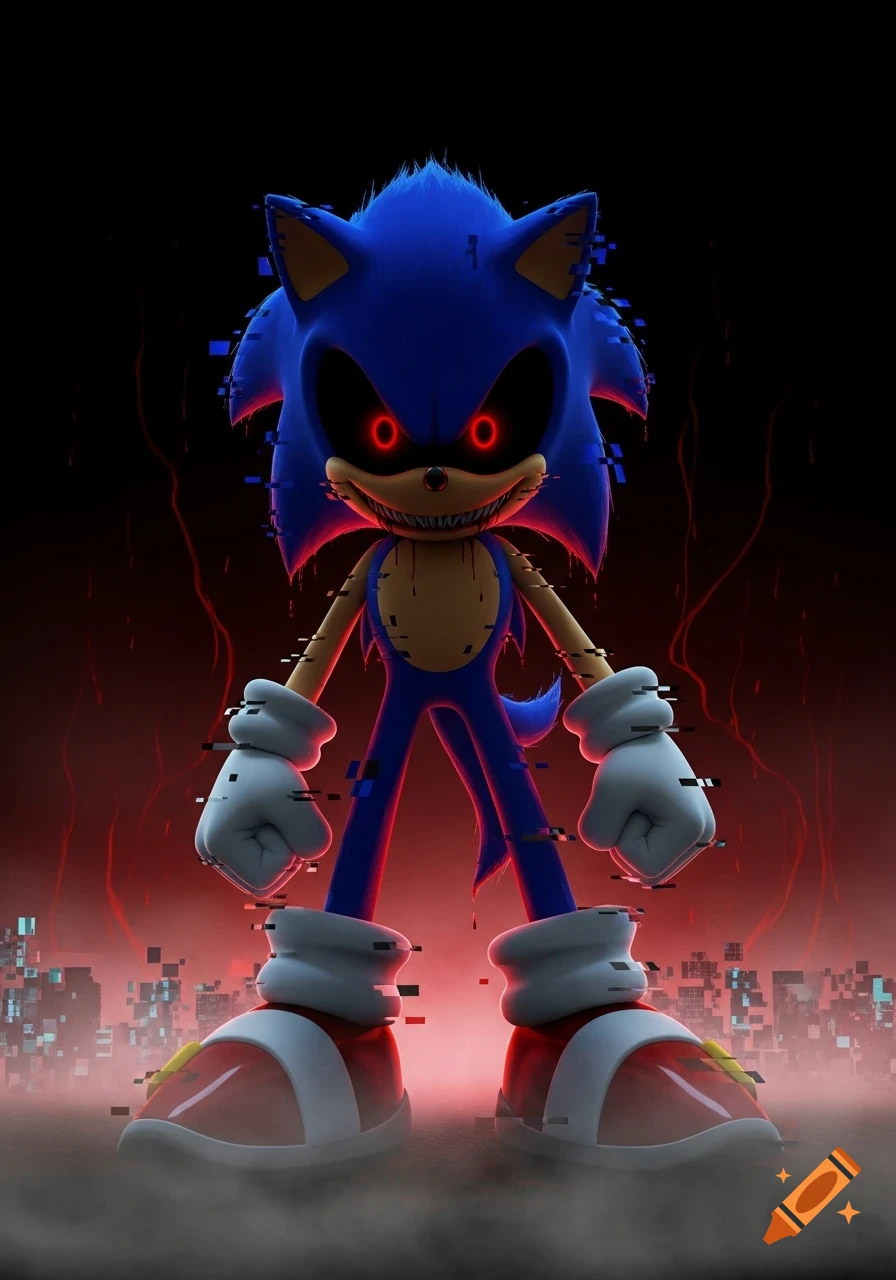 An evil, glitched Sonic.exe character with glowing red eyes and sharp teeth, blood-like stains on its chest, stands in a dark, glitching city background.
