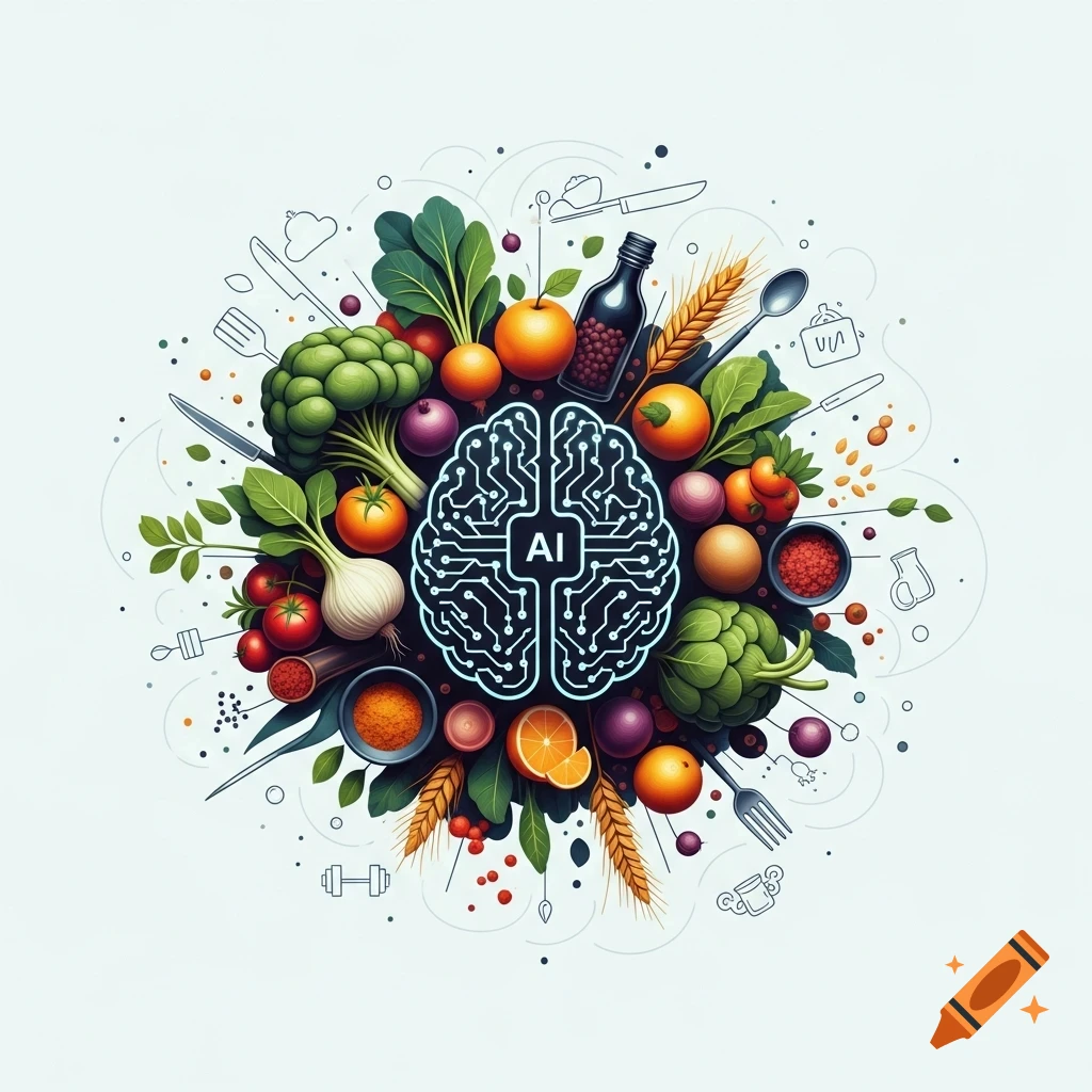 An AI brain made of circuit boards surrounded by a variety of healthy fruits, vegetables, spices, and cooking utensils.