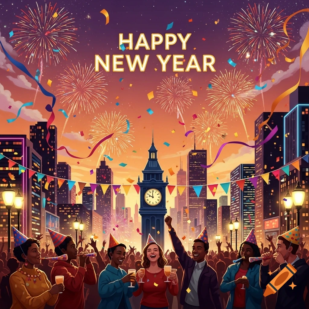 Vibrant New Year's Eve celebration with fireworks over a city and diverse people cheering. Text: HAPPY NEW YEAR.