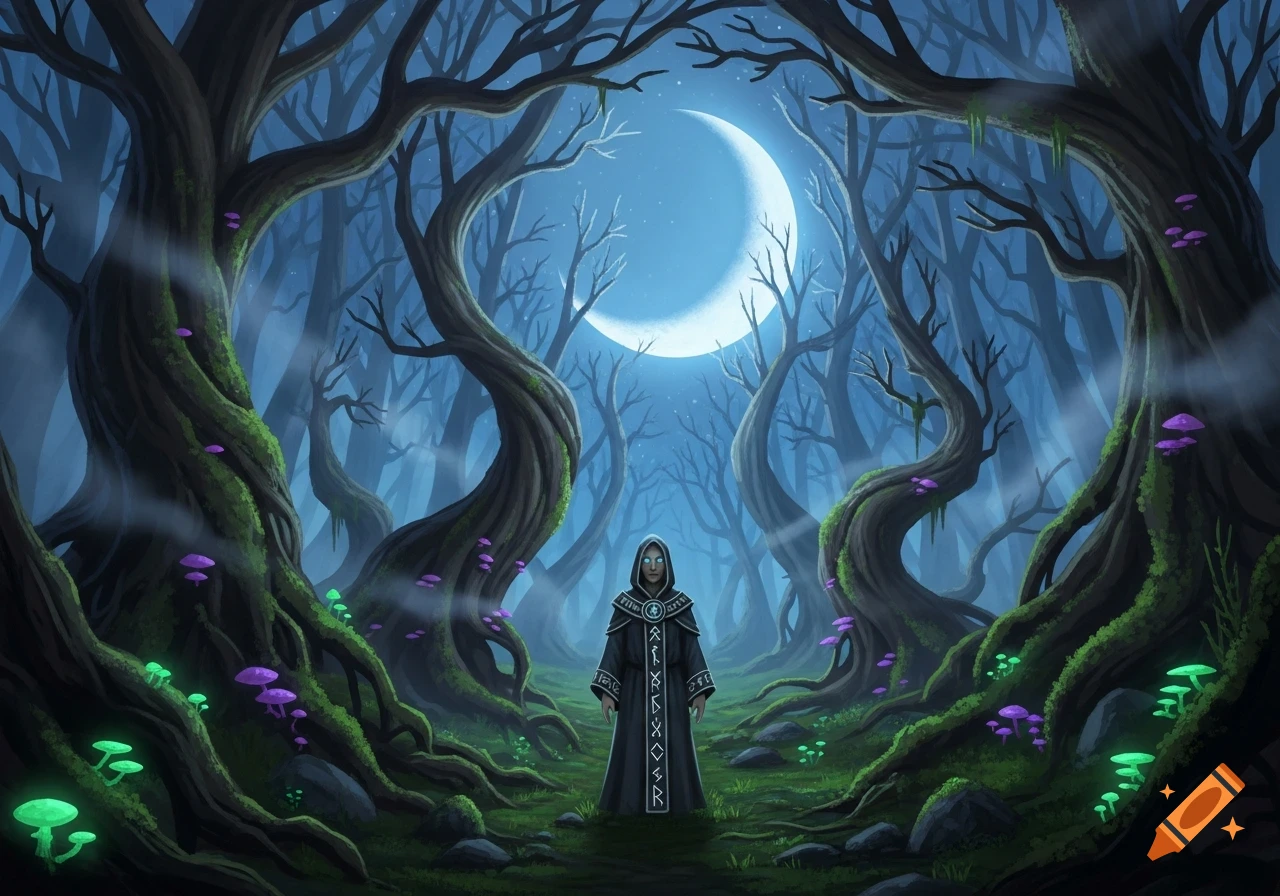 A robed figure with glowing eyes stands in a dark, gnarled fantasy forest under a crescent moon, surrounded by glowing mushrooms.