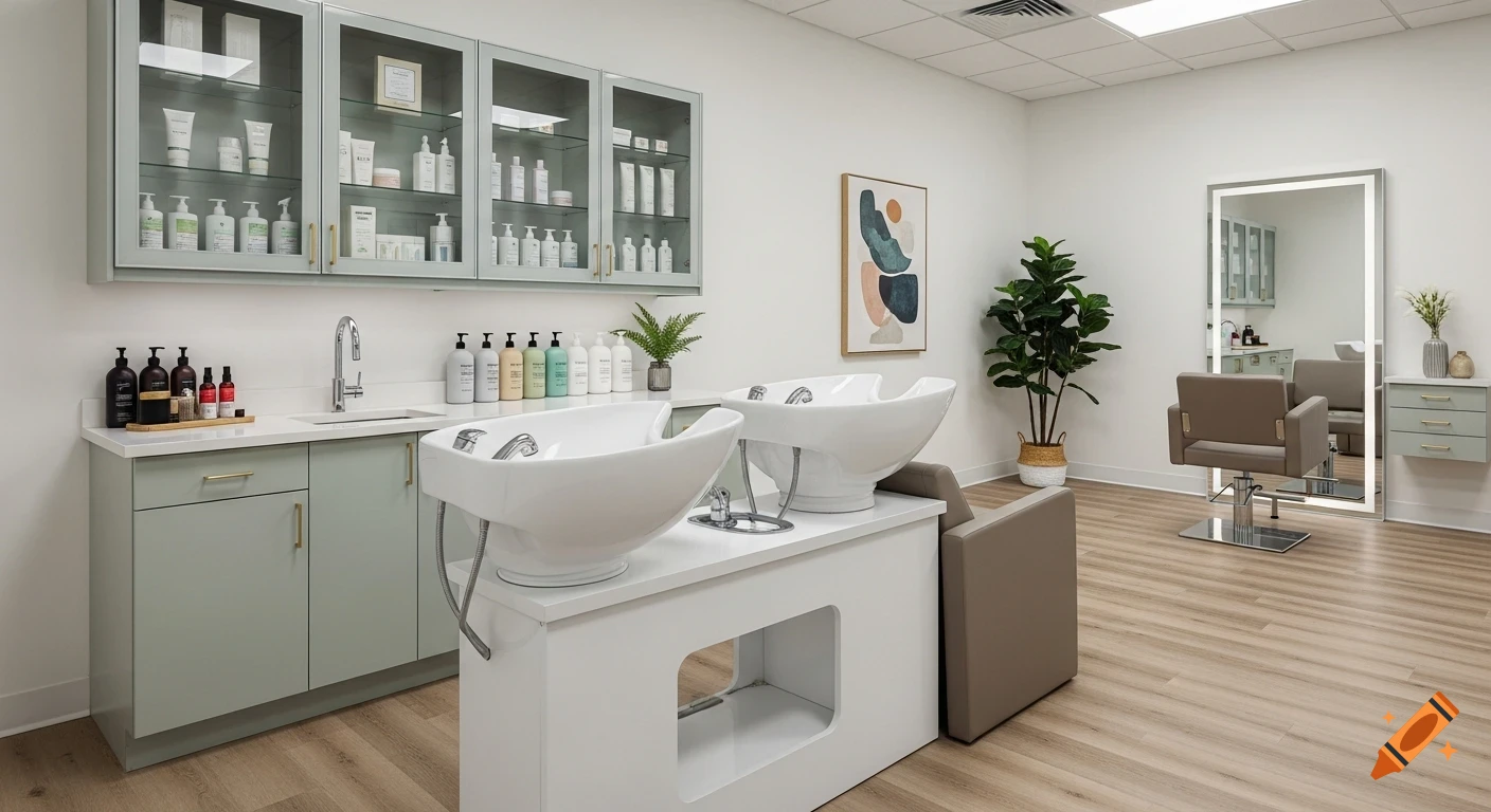 Photorealistic modern salon suite with two shampoo bowls, sage green cabinetry, beauty products, large mirror, and plants.