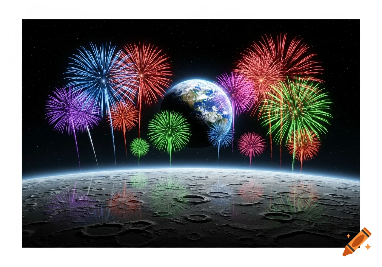 Colorful fireworks explode over the cratered surface of the Moon, reflecting on the surface, with a vibrant Earth in the background.