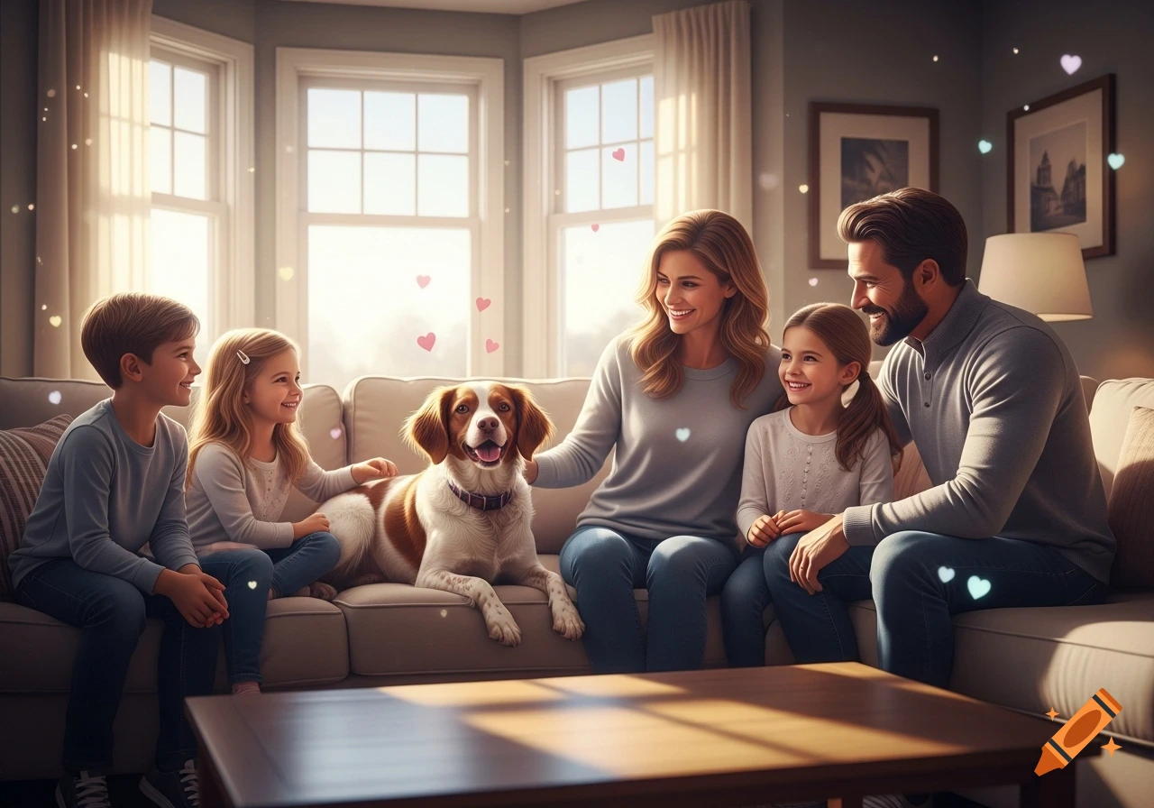 A happy family of four and their dog sit on a living room couch, surrounded by floating hearts, photorealistic.