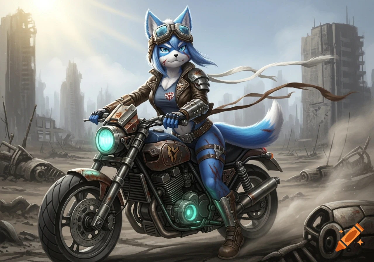 A blue anthropomorphic fox in biker gear and goggles rides a rusty motorcycle through a desolate, ruined city under a hazy sky.