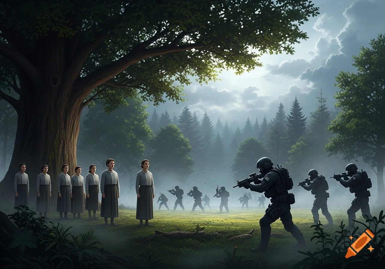 A line of people in simple gray clothes stands before a large tree, facing armed soldiers in a misty forest.