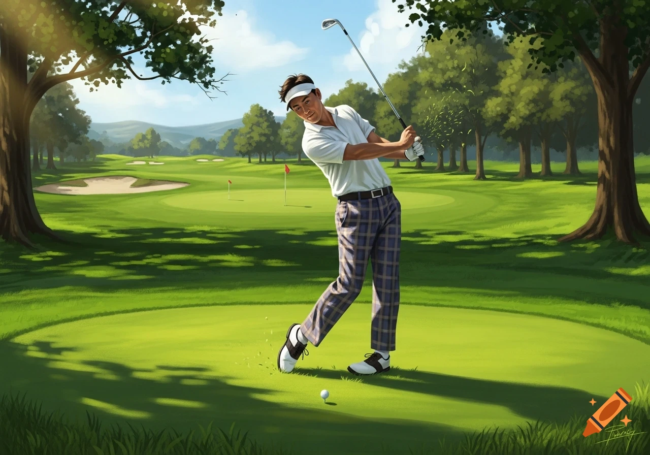 Illustrative image of a male golfer in a white shirt and plaid pants mid-swing on a sunny green golf course.