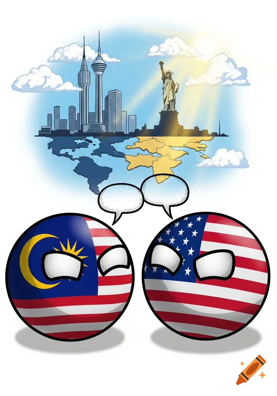 Cartoon: Malaysia and USA countryballs with speech bubbles, beneath Kuala Lumpur and New York cityscapes over a world map.