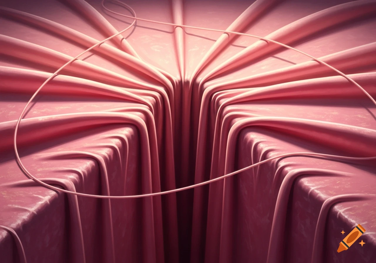 Close-up of pink velvet fabric with deep vertical folds creating a chasm, a thin string loops across it.