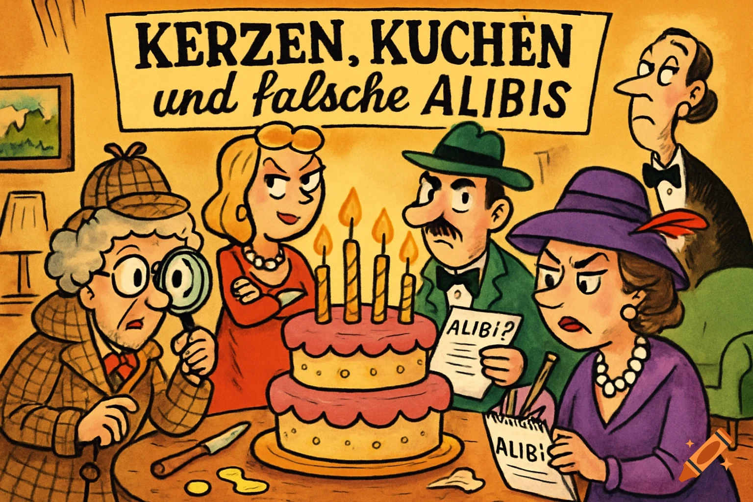 Humorous cartoon of a murder mystery dinner. People in detective attire surround a birthday cake, holding clues. Banner: 'Kerzen, Kuchen und falsche Alibis'.