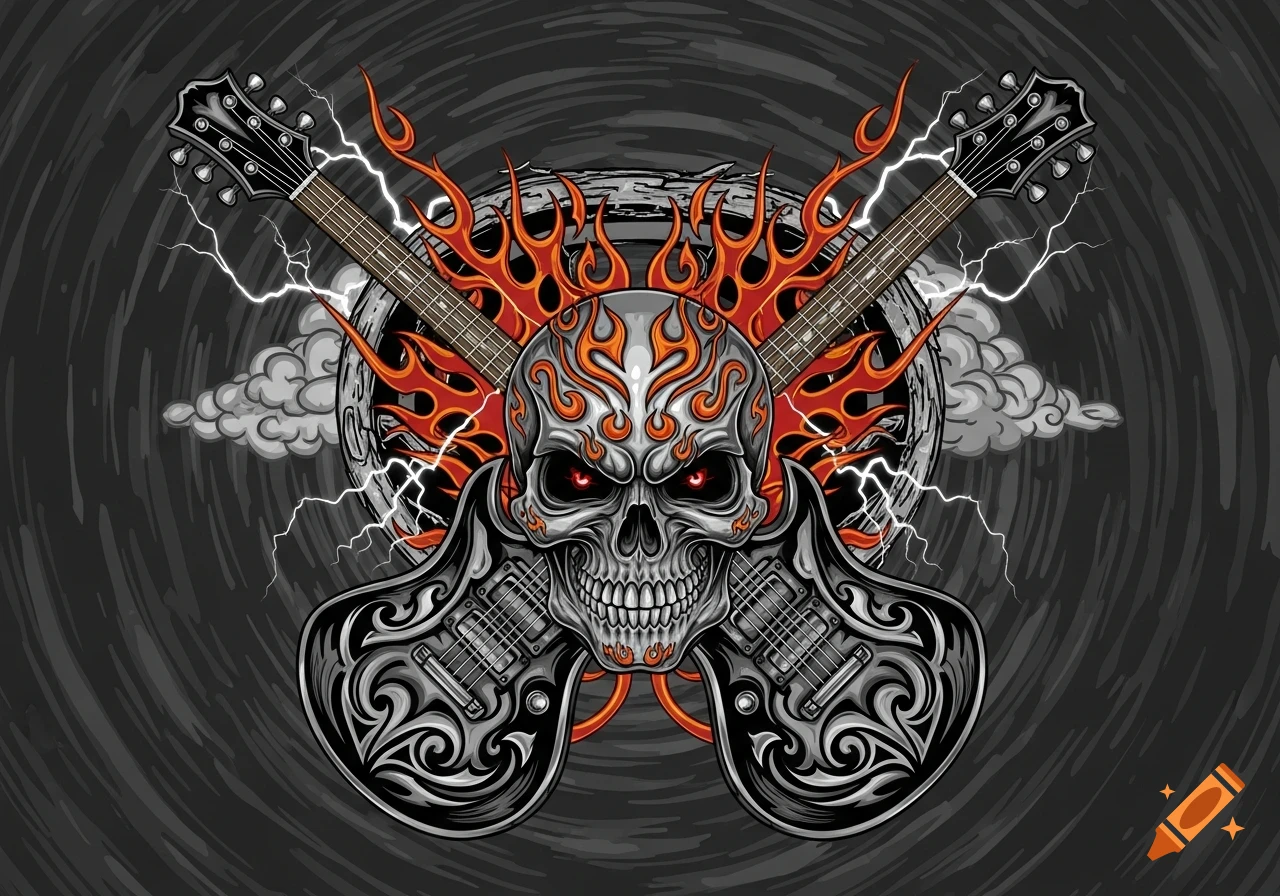 A stylized vector graphic featuring a flaming skull with red eyes, crossed electric guitars, lightning, and smoke on a dark, swirling background.