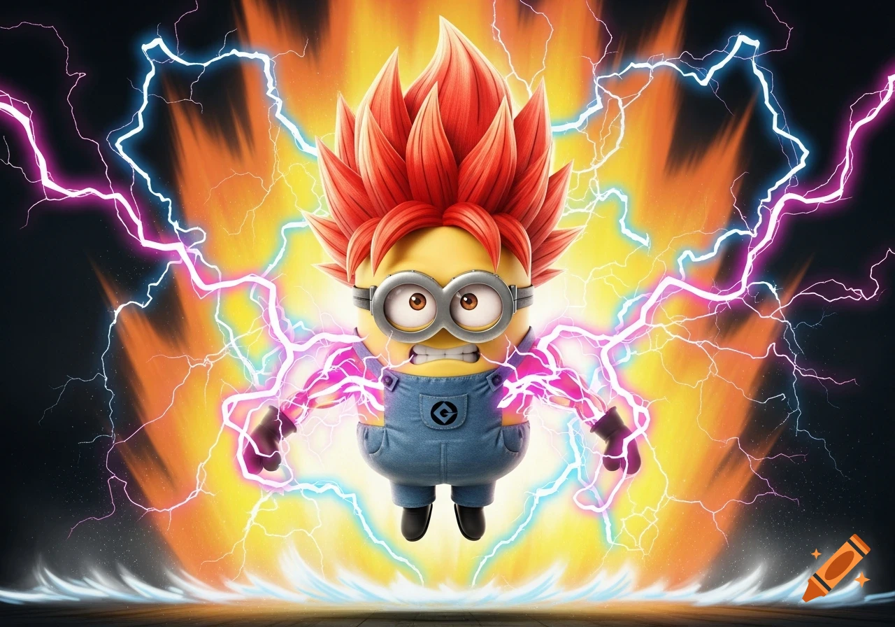 A Minion transforms into a Super Saiyan with fiery red hair, a furious expression, and a powerful energy aura with lightning.
