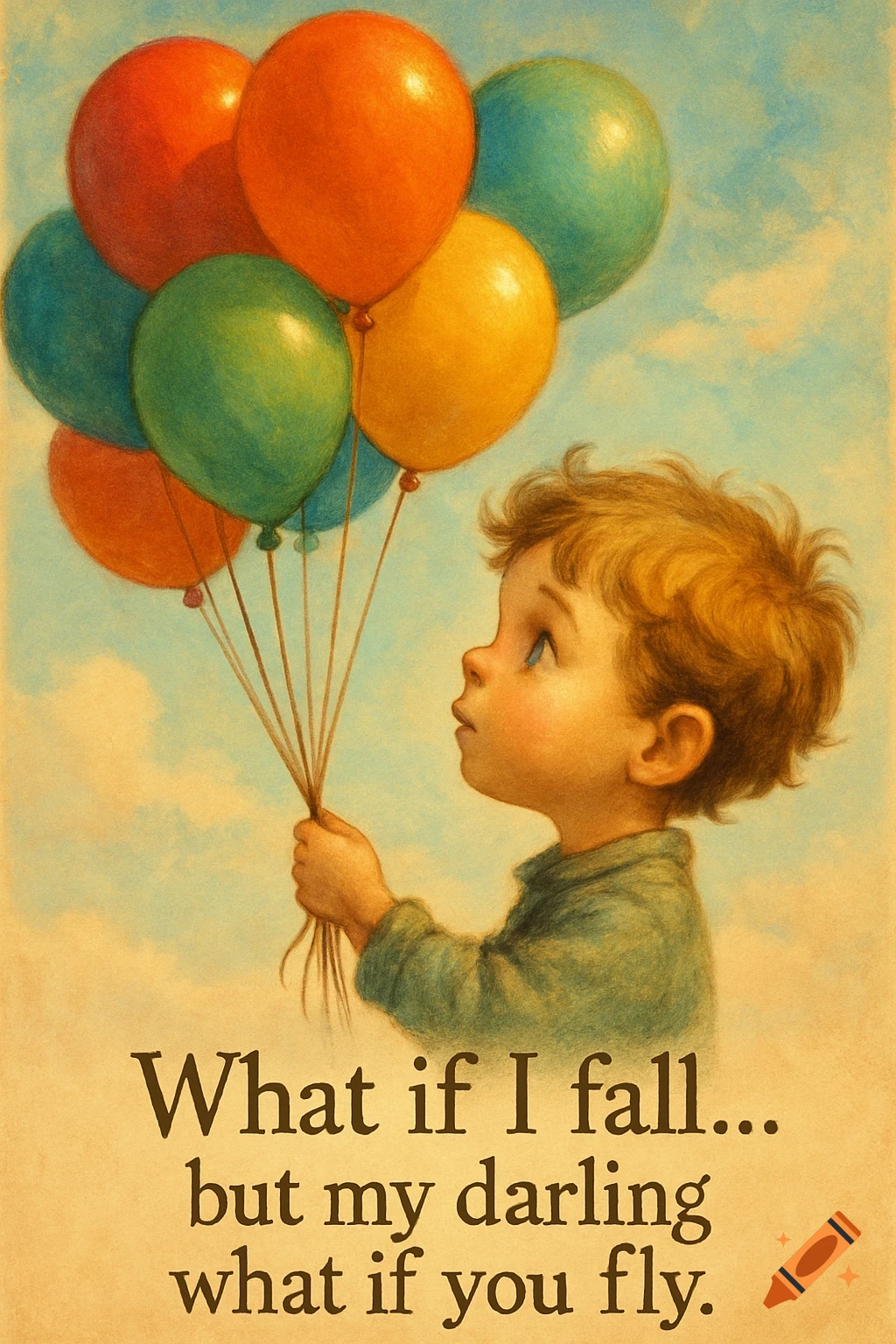 A whimsical storybook illustration of a boy holding colorful balloons, looking up at a soft pastel sky with an inspirational quote.