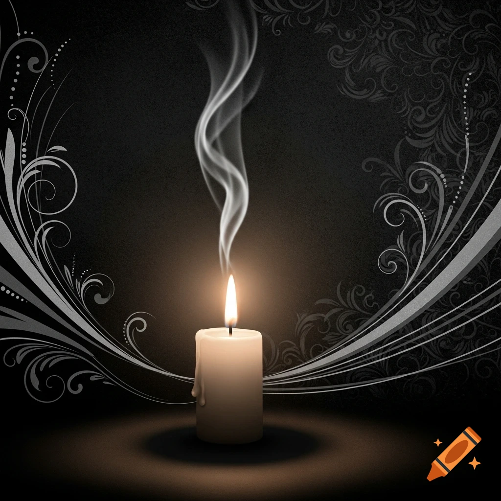 A lit white candle with smoke rising, set against a dark background with elegant white and grey decorative swirls.