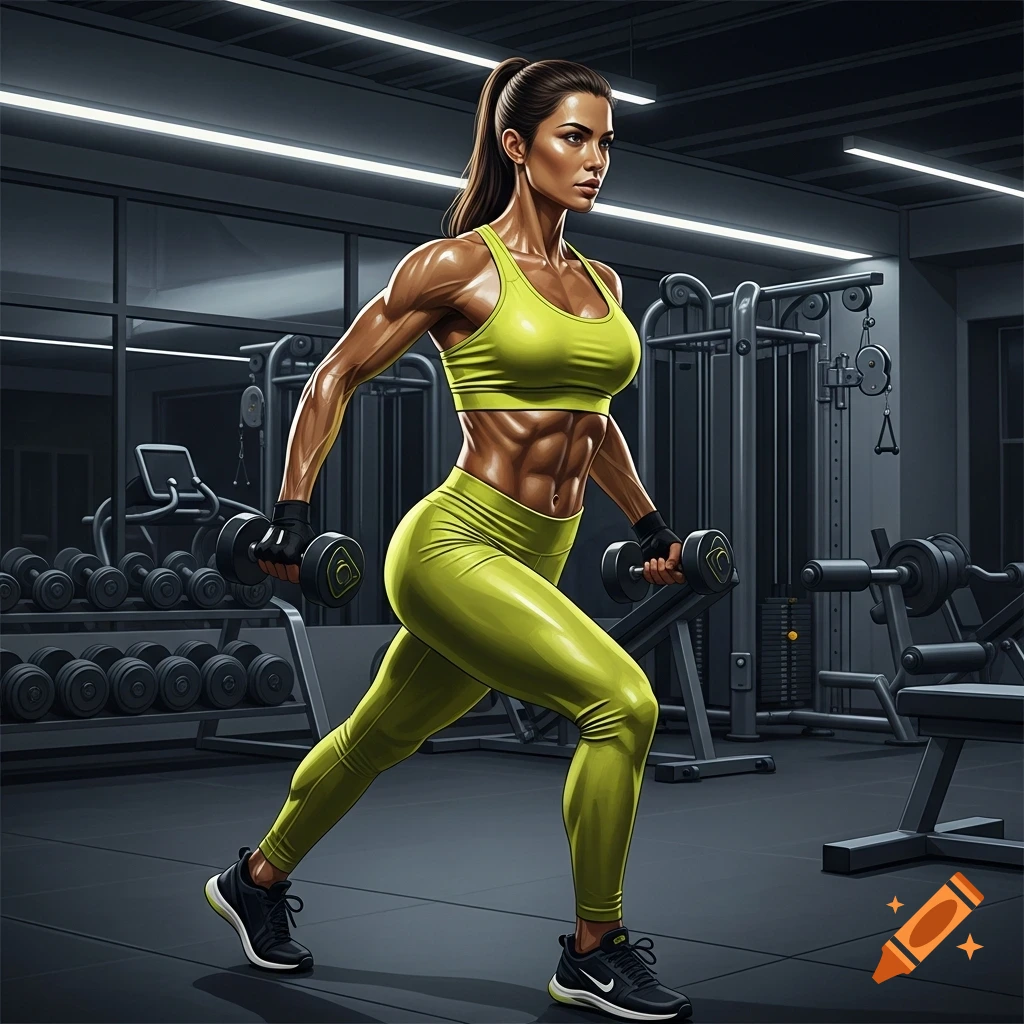 A muscular woman in a neon green sports bra and leggings lunges with dumbbells in a modern gym.