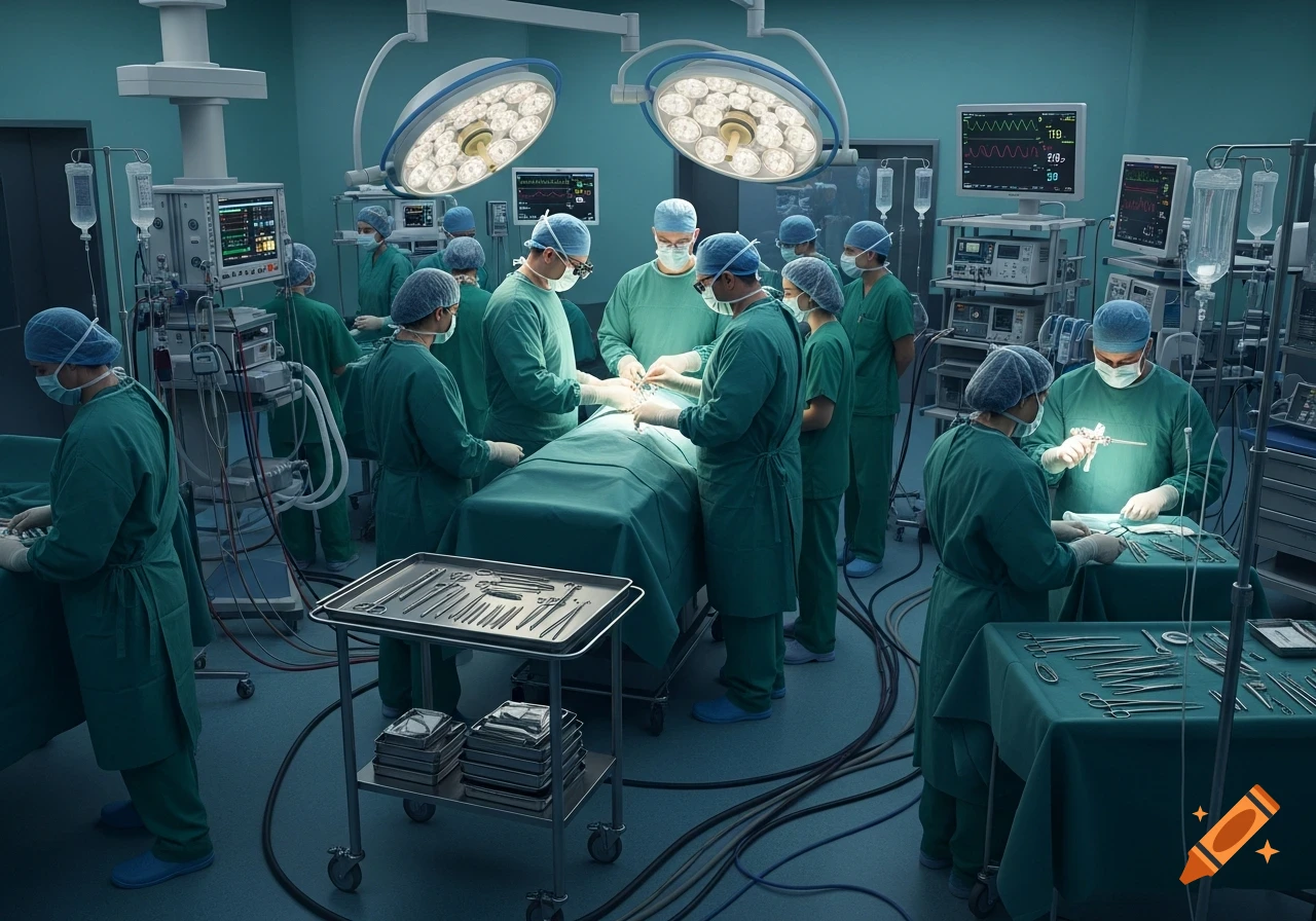 A photorealistic image of a busy operating room with multiple surgeons and nurses in green scrubs performing a procedure under bright lights. Medical equipment and instruments surround them.