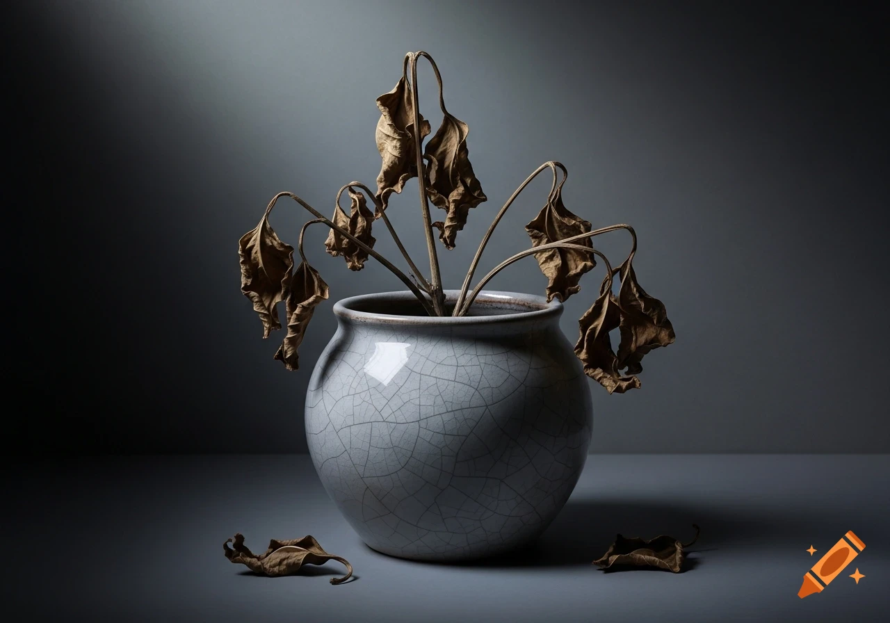 Dead plant with brown, withered leaves in a light grey ceramic pot with a cracked texture, against a dark, minimalist background.