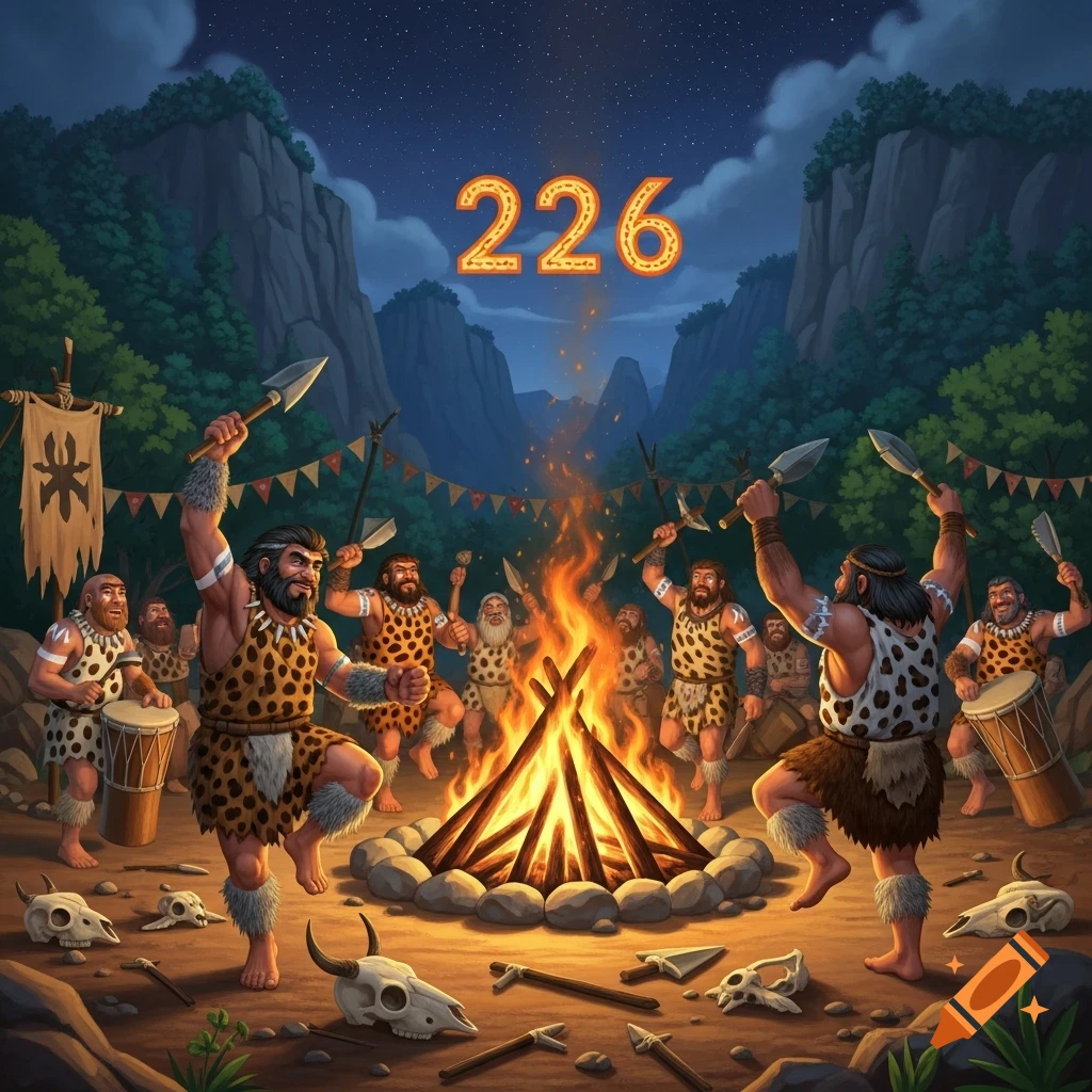 Cartoon illustration of cavemen celebrating around a large campfire at night, with the number 226 floating above.