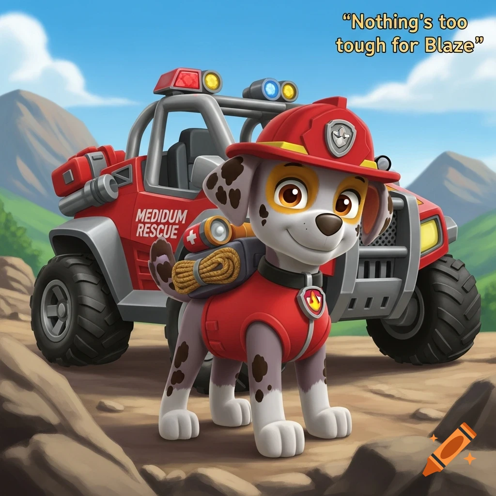 A smiling cartoon Dalmatian pup in a red firefighter uniform stands in front of a red rescue ATV with the text "Nothing's too tough for Blaze" floating above.